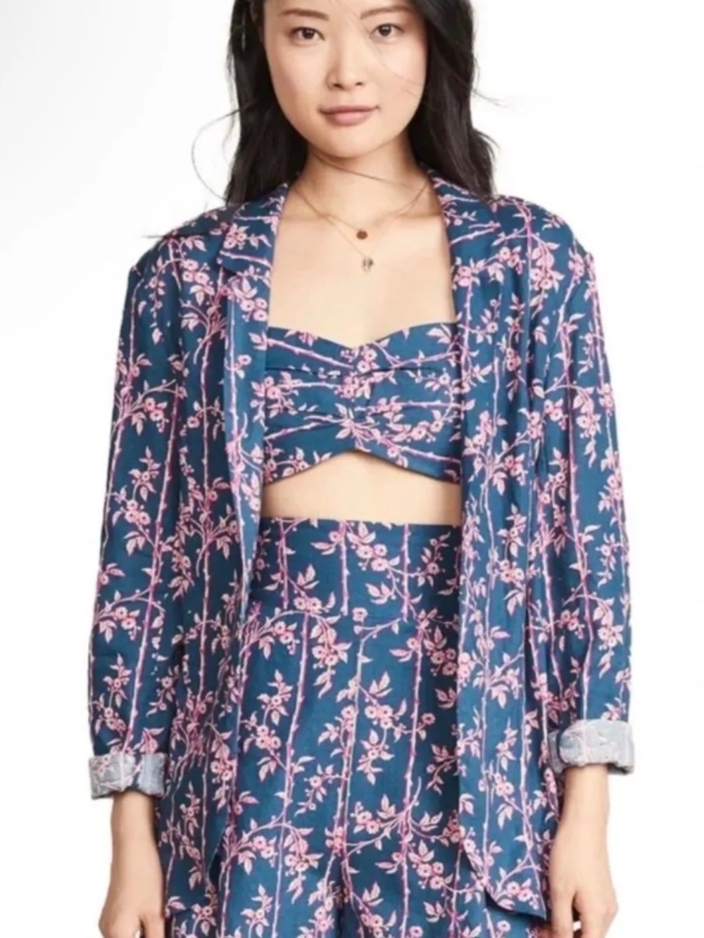 Free People Poolside Navy Blue & Pink Floral‎ 3 Piece Set Sz L